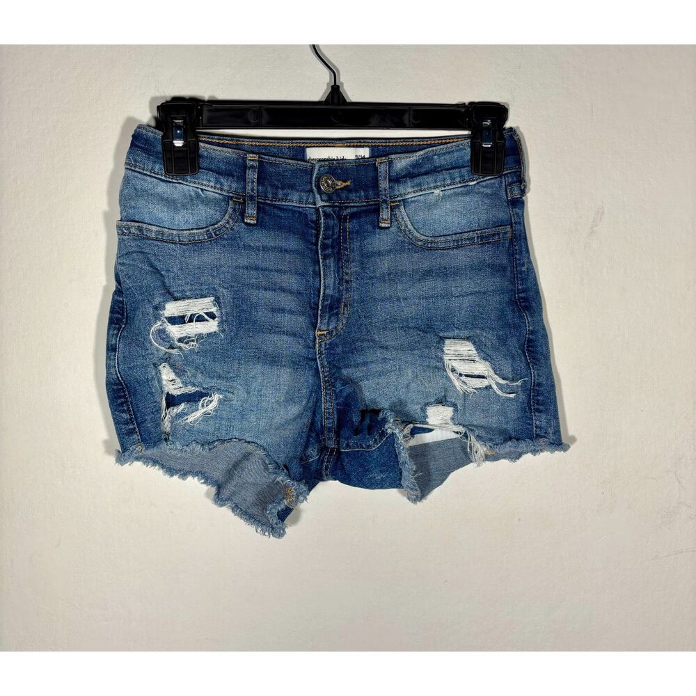 Abercrombie Kids High Rise Relaxed Denim Shorts Distressed Blue Jean Shorts13/14